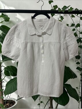 Hudson North (L) Linen-Blend Puff Sleeve Blouse White Textured Pullover Collar